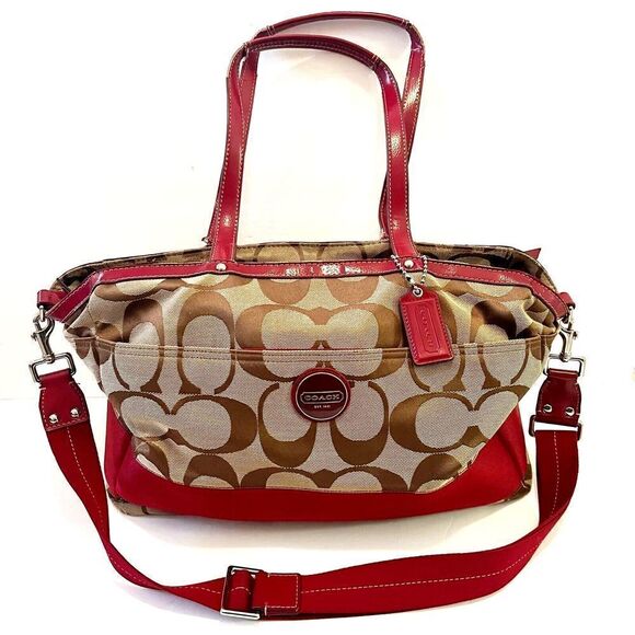 Coach Handbags - Coach Khaki Signature Cherry Red Tote Bag Handbag Weekender F17443 Patent Large